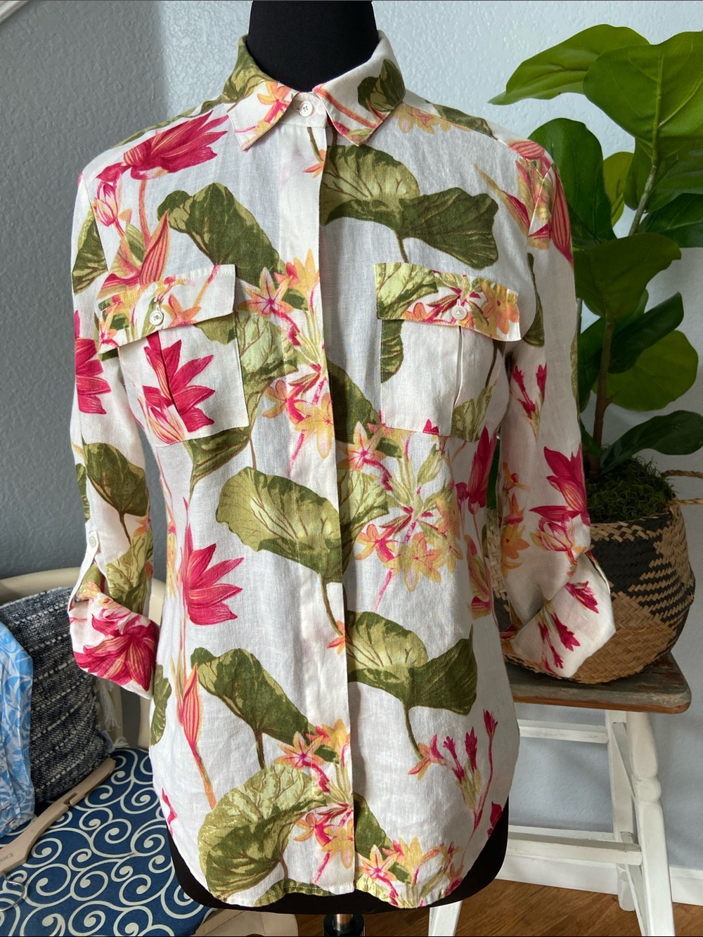Tommy Bahama White Linen Button-Down Shirt with Pink & Green Floral Print